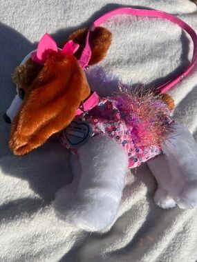 Poochi & co Plush Puppy Shoulder Bag with Pink Sequin Outfit